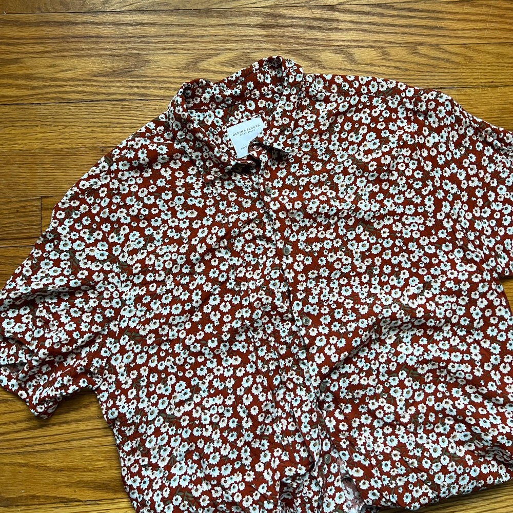 Ricky Singh Denim and Flower Button Up Short Sleeve Top